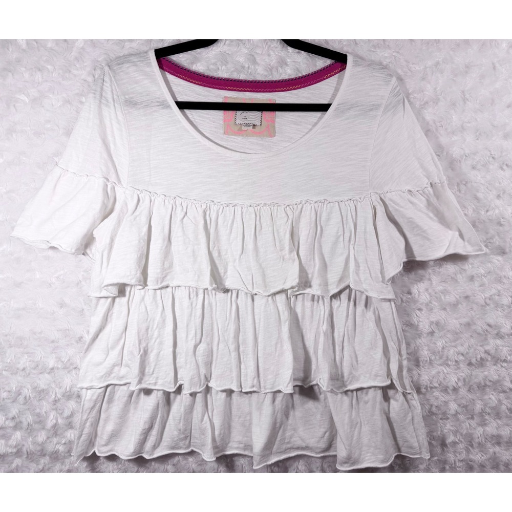 Anthropologie‎ Women Size L Postmark White Cotton Tiered Ruffle Short Sleeve Top